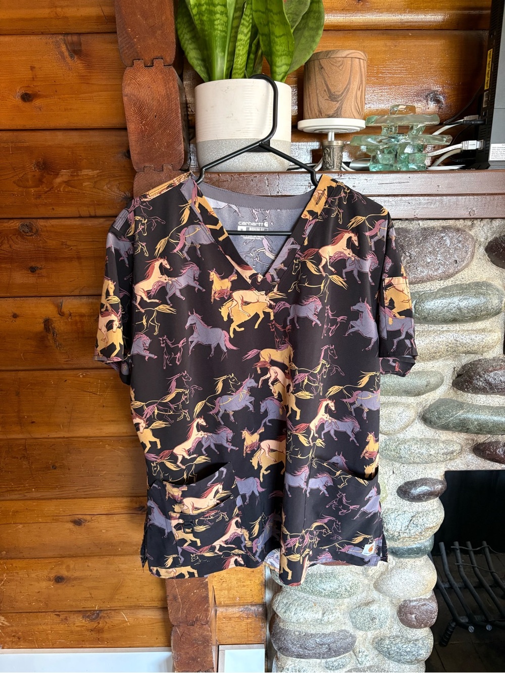 Carhartt Horse Print Scrub Top Western Cowgirl V-Neck Plus XL
